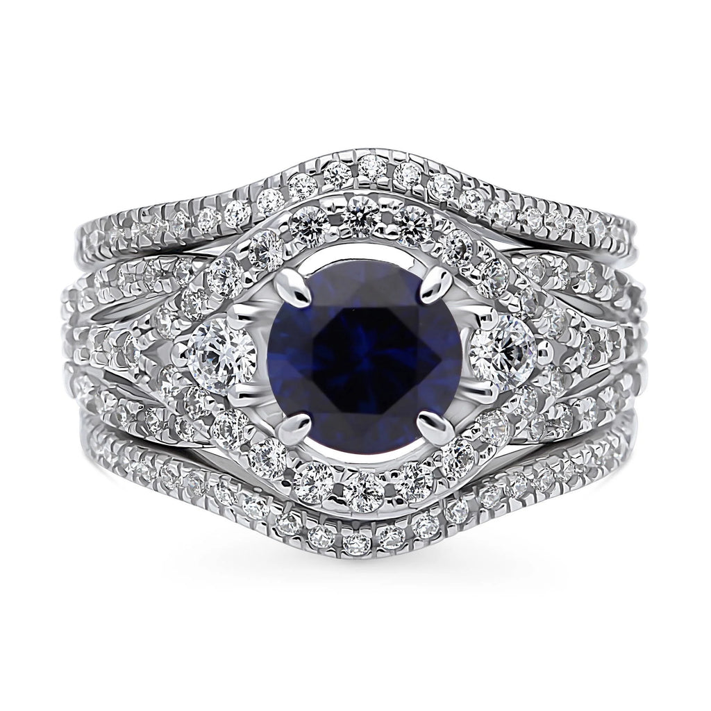 Sterling Silver Simulated Blue Sapphire CZ Halo Ring Set, Rhodium Plated Size 6 R5506
