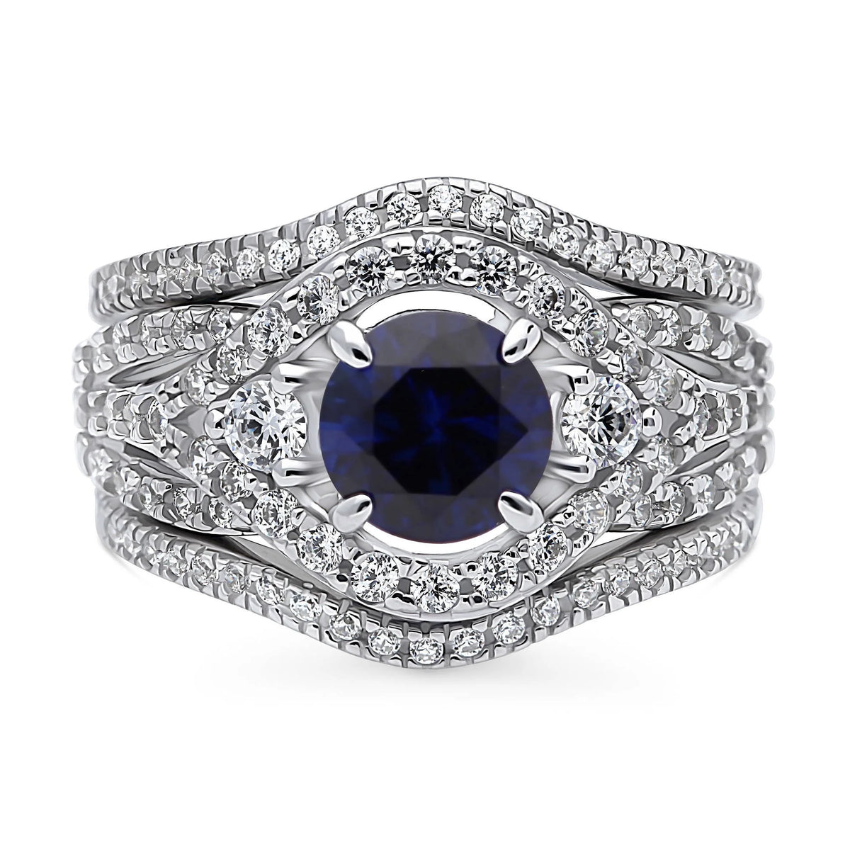 Sterling Silver Simulated Blue Sapphire CZ Halo Ring Set, Rhodium Plated Size 6 R5506