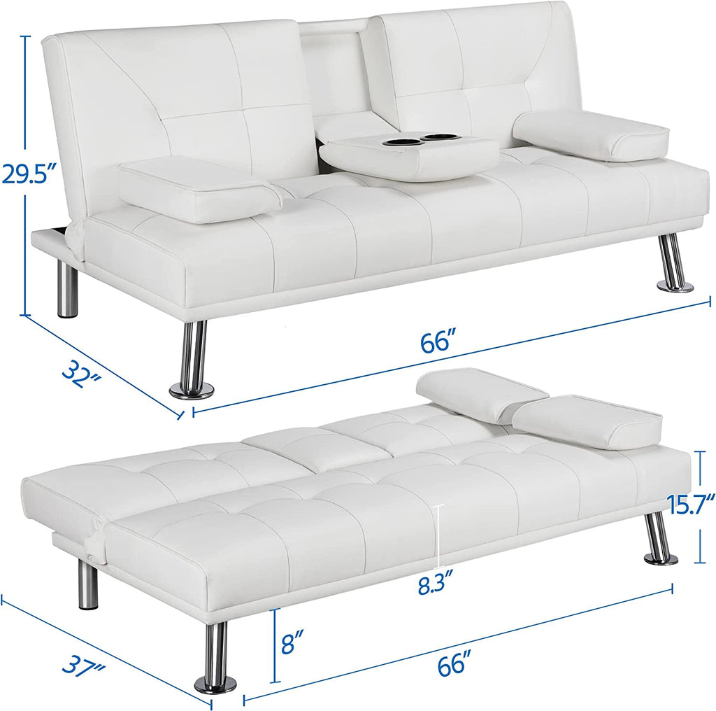White Faux Leather Futon Set Convertible Sleeper Loveseat Daybed H229