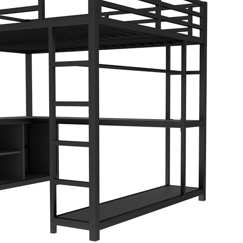 Queen Metal Loft Bed with Wardrobe, Desk and Shelves I9703