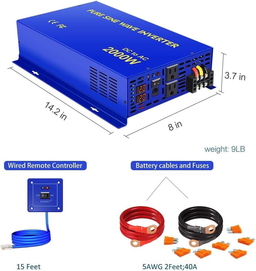 2000W Pure Sine Wave Power Inverter 24V DC to AC 120V with Remote Switch Q7814