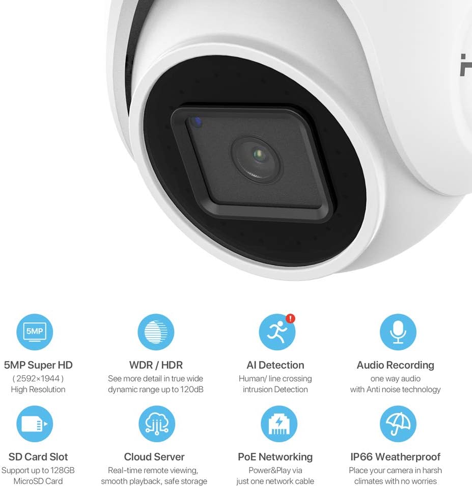 H.VIEW 5MP PoE IP Dome Camera with Audio, 2.8mm Lens H844