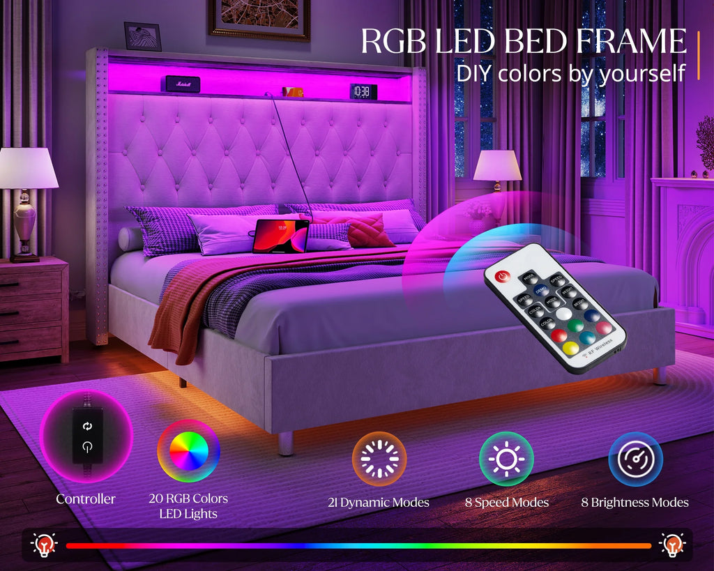 Queen Size Upholstered Bed Frame with Headboard Storage A10585