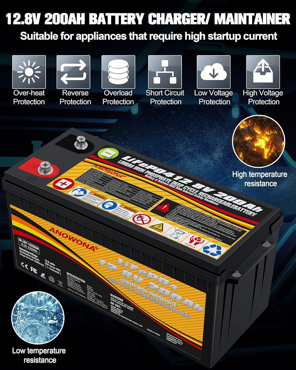 12.8V 200Ah Lithium Iron LiFePO4 Deep Cycle Battery with 200A BMS J945912
