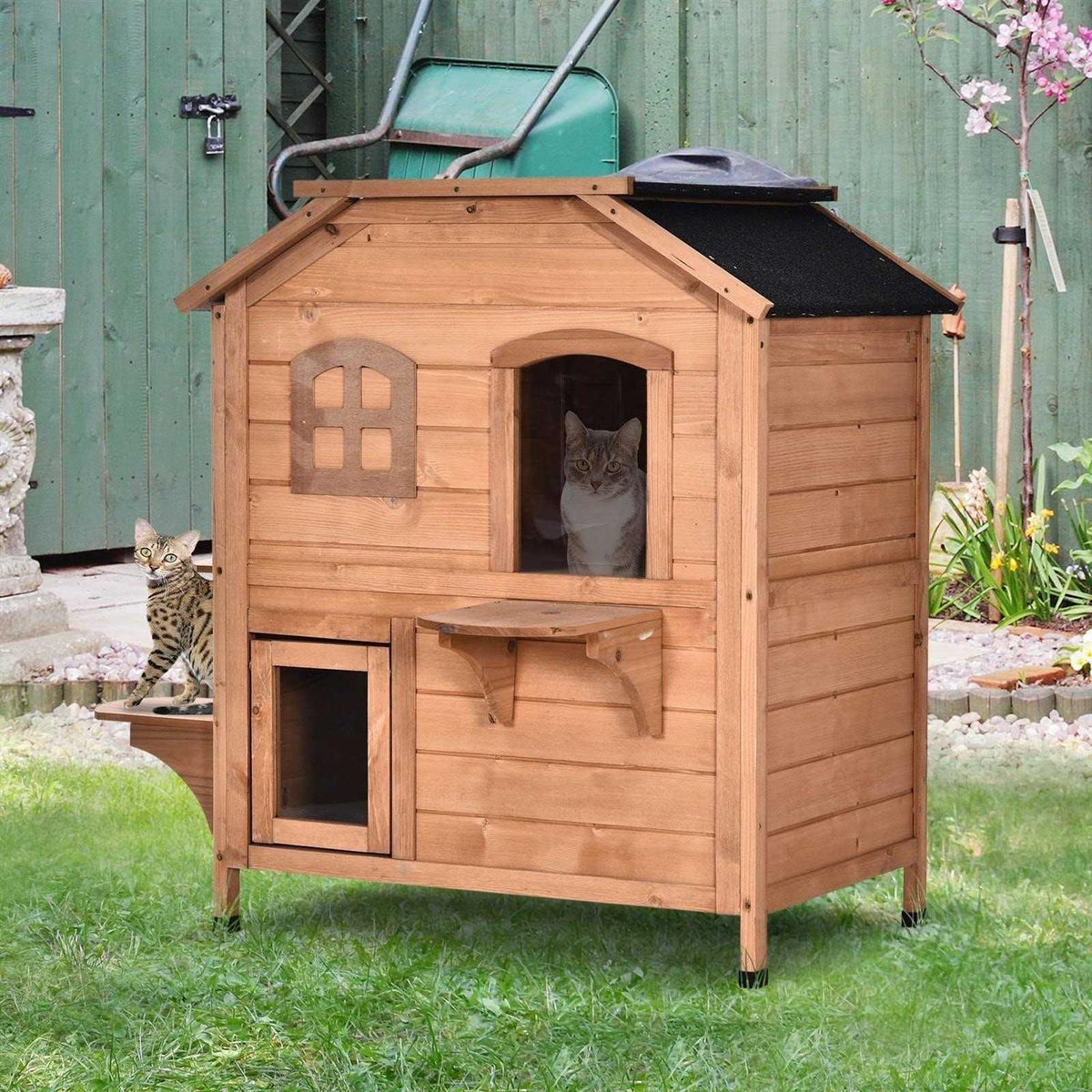 Wooden 2-Story Outdoor Cat House with Escape Door M445