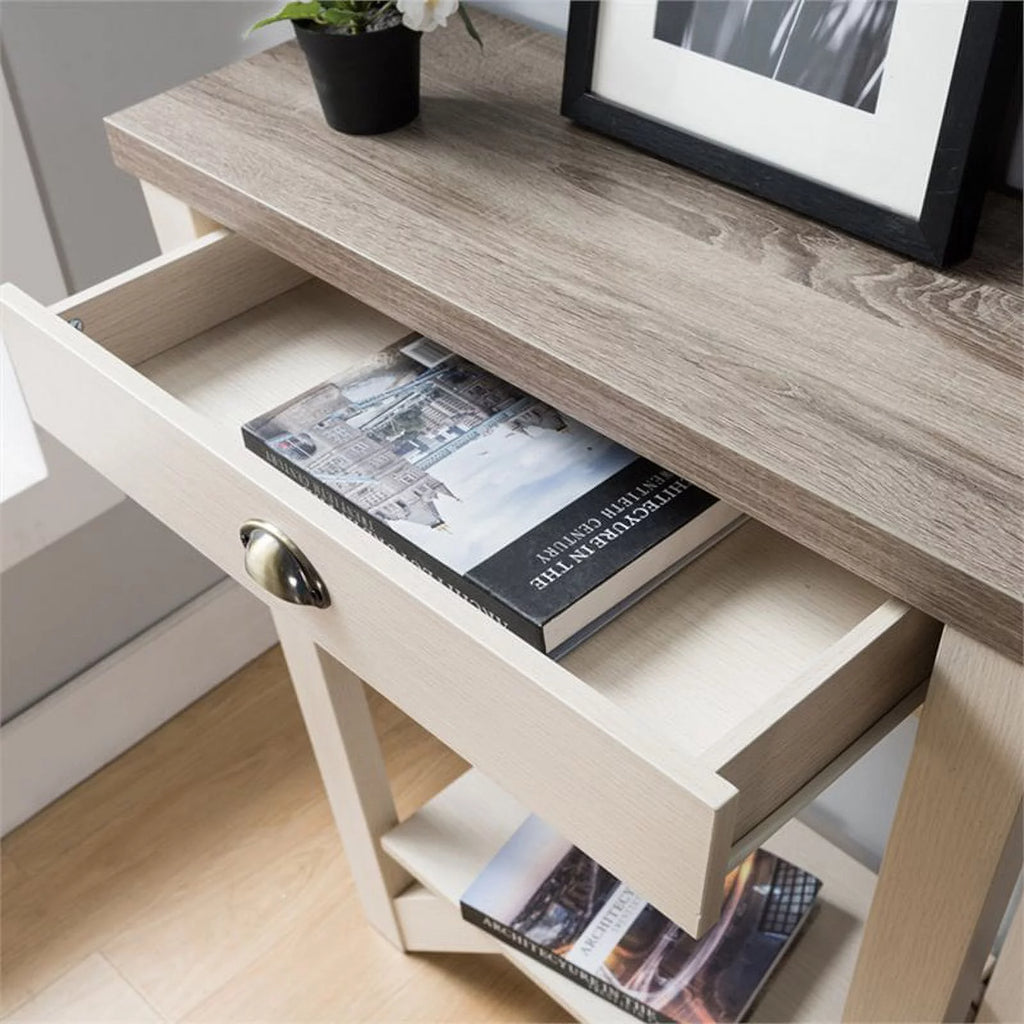 Contemporary Wood 1-Drawer Console Table in Ivory and Light Oak E4886