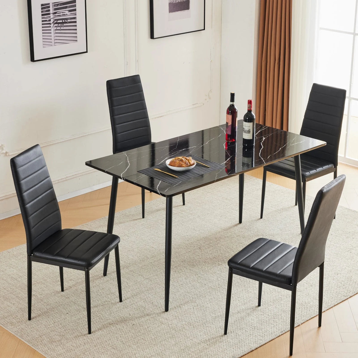Black Faux Marble Dining Table Set for 6 I2140