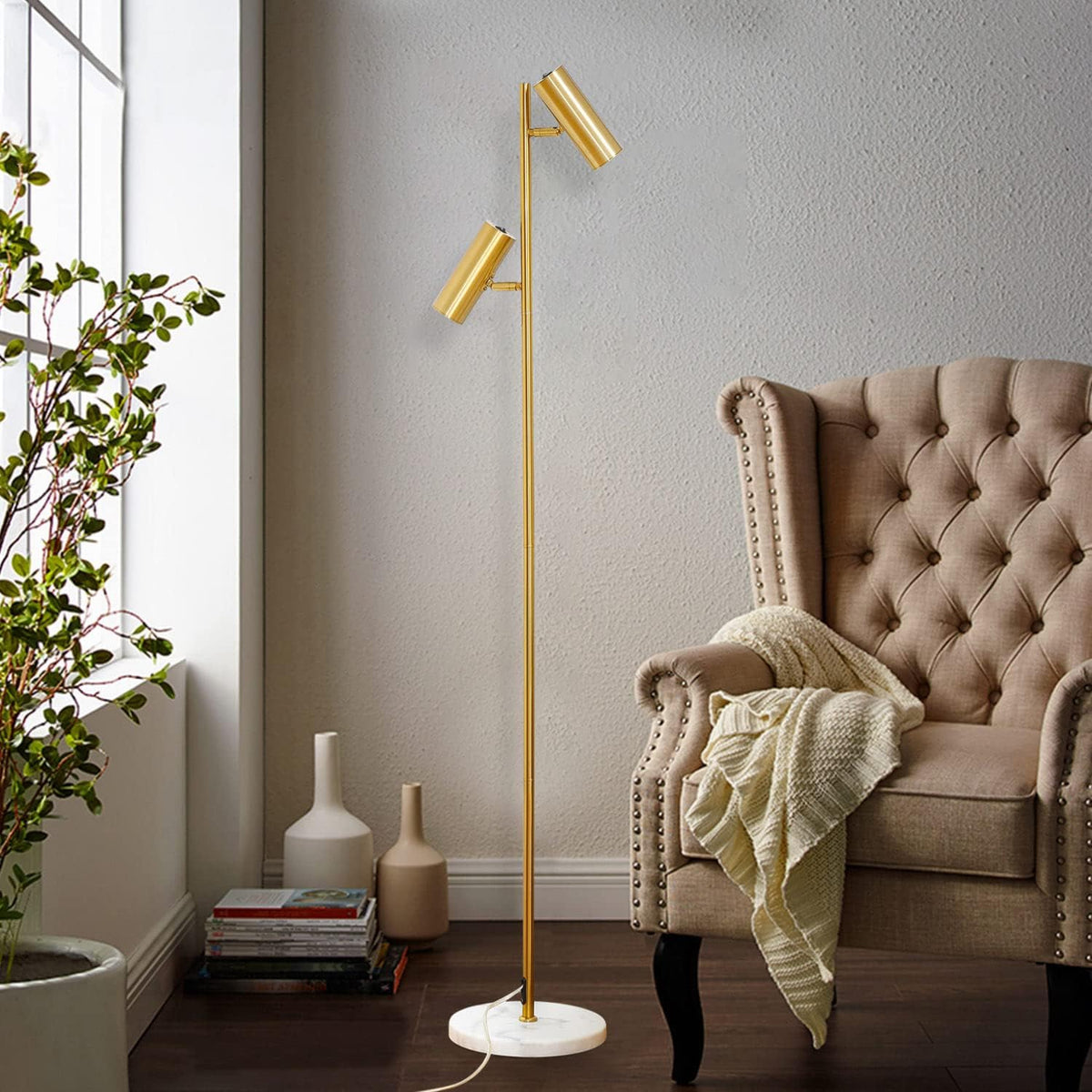 Double Head Floor Lamp with Foot Switch, Brass/Gold Finish F688