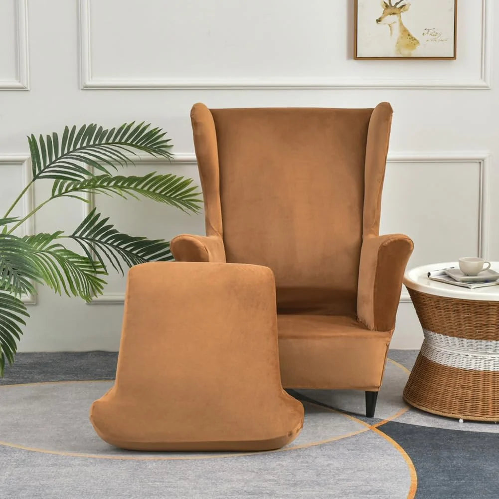 Camel Velvet Stretch Wingback Chair Sofa Slipcover with Elastic Bottom C2065