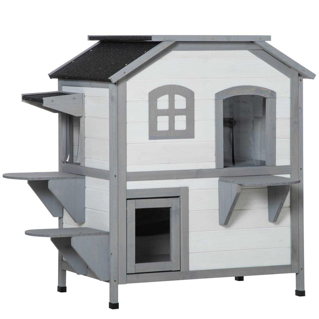 Wooden 2-Story Outdoor Cat House with Escape Door M445