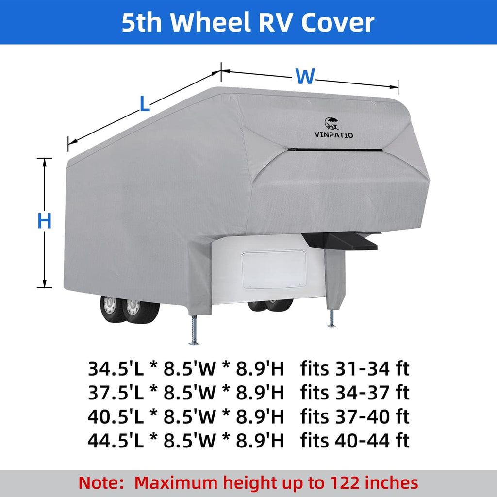 5th Wheel Cover Thick 3 Layers Polypro Anti-UV Waterproof Breathable Camper Covers Fits 37' - 40' Trailer, Gray F86453