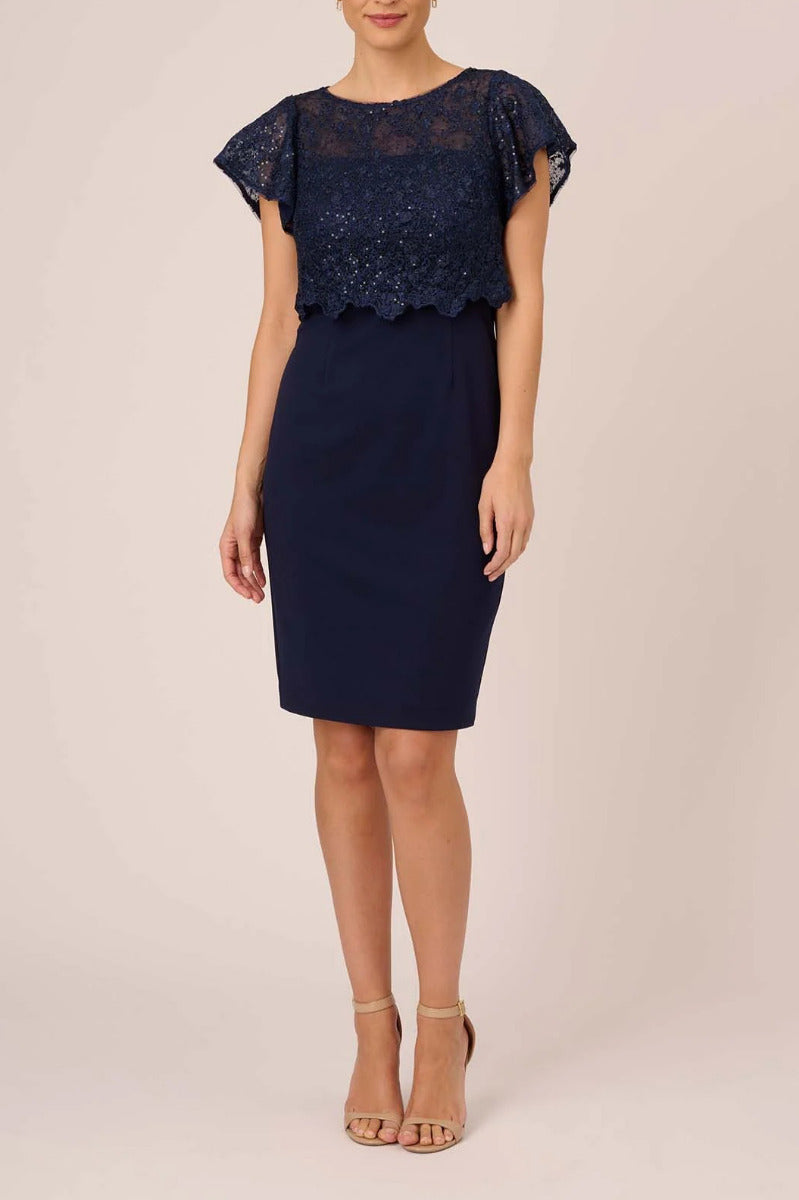 Navy Cap Sleeve Lace Crepe Dress W5284