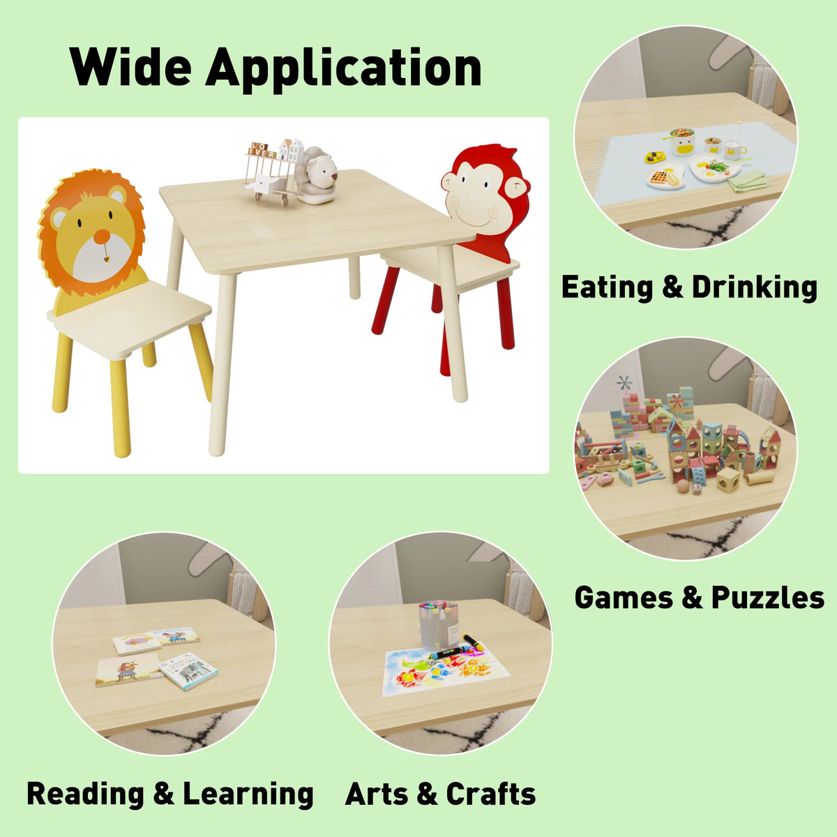 Kids Table & Chair Set, 3 Pieces Solid Wood J59214