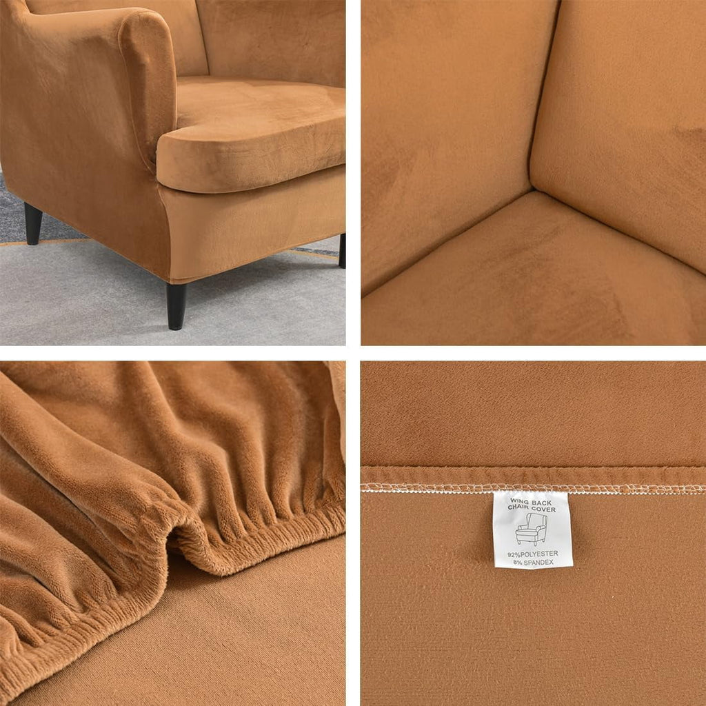 Camel Velvet Stretch Wingback Chair Sofa Slipcover with Elastic Bottom C2065