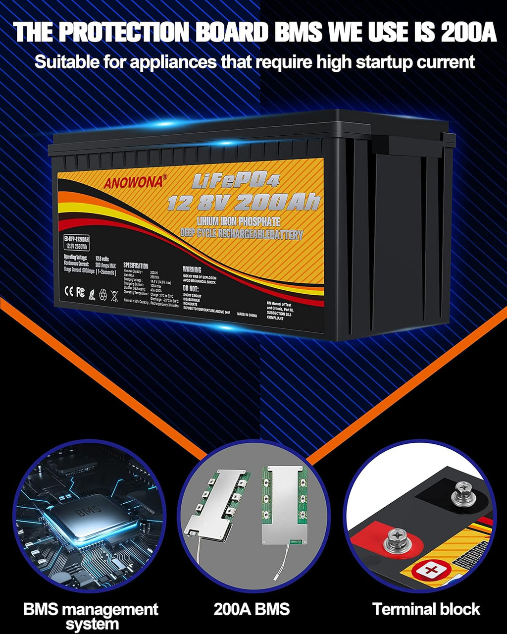 12.8V 200Ah Lithium Iron LiFePO4 Deep Cycle Battery with 200A BMS J945912