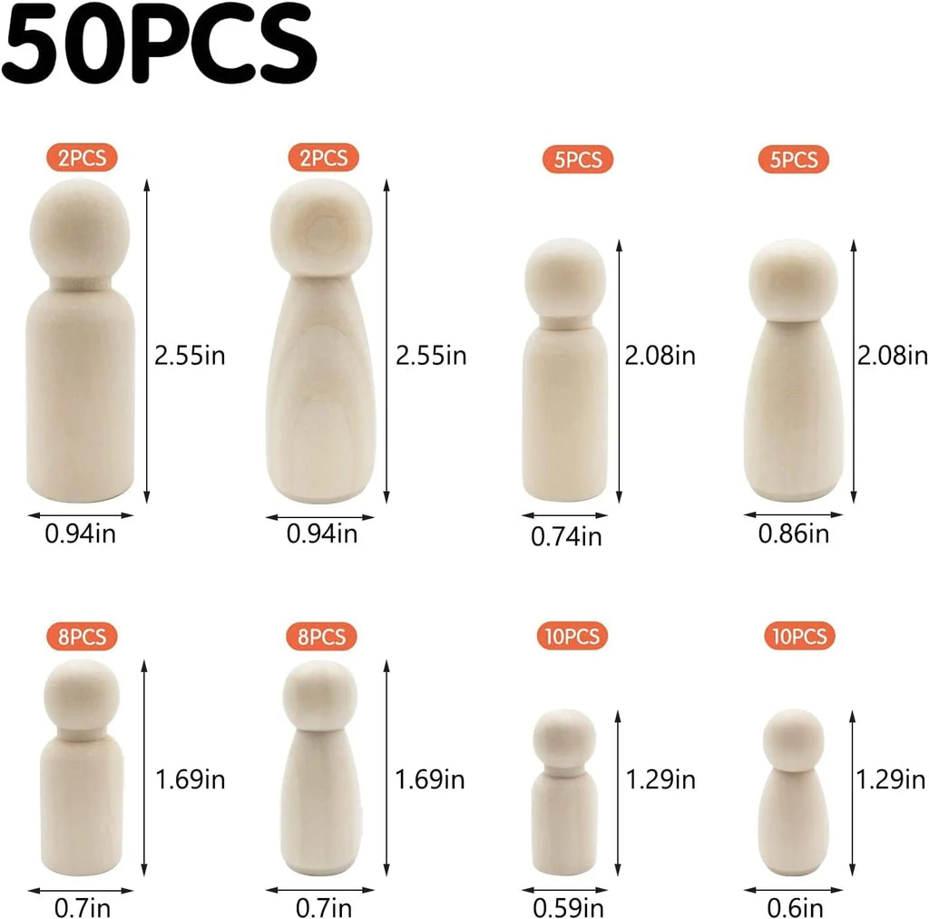 50Pcs Wooden Peg Dolls 35-65mm DIY Arts Crafts Q9366