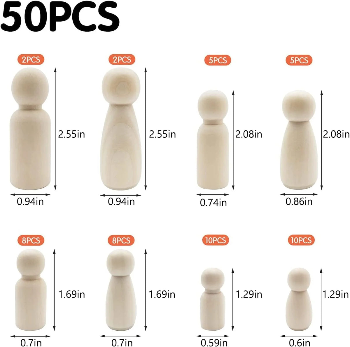 50Pcs Wooden Peg Dolls 35-65mm DIY Arts Crafts Q9366