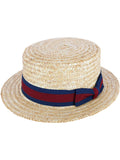 Straw Boater Hat with Navy Band and Elastic Sweatband A8111