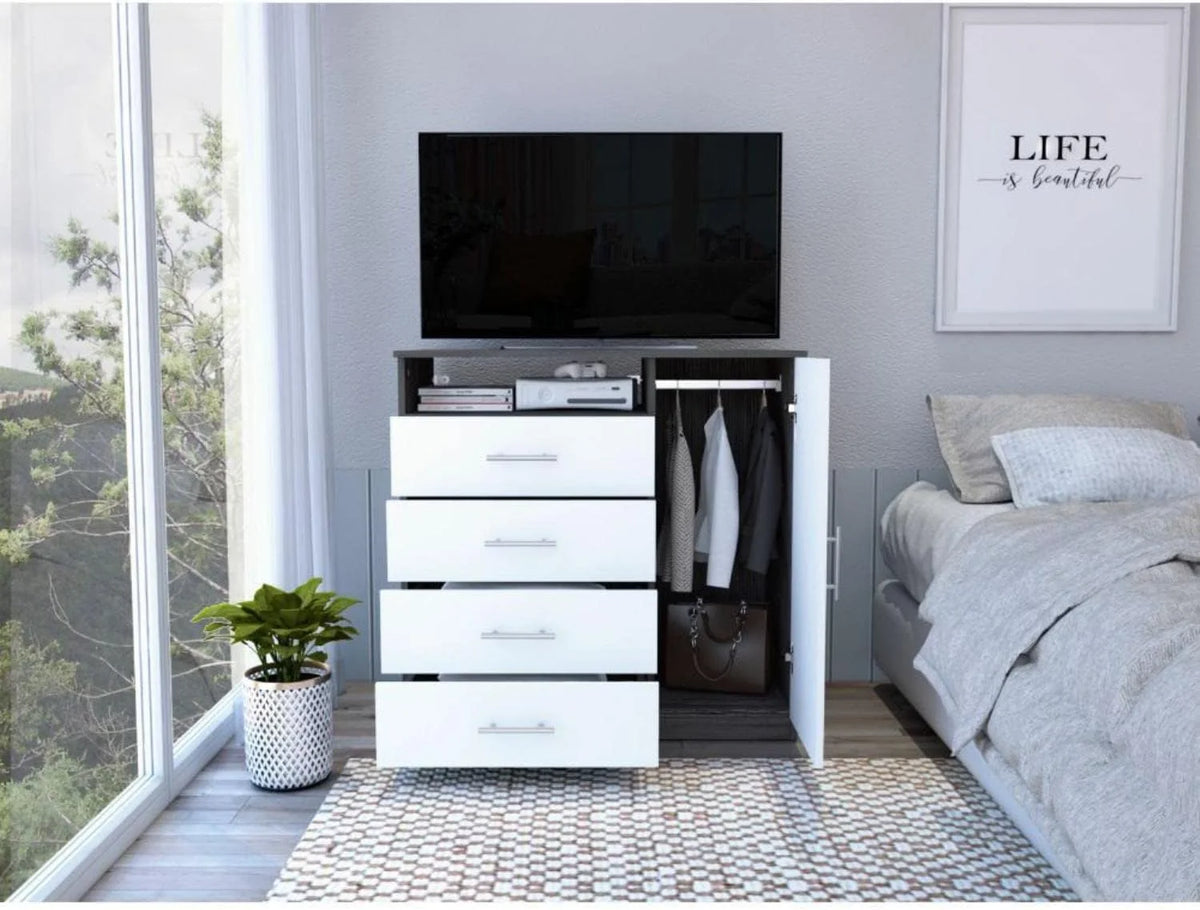 White 4 Drawer Dresser with Cabinet and Open Shelf E5827