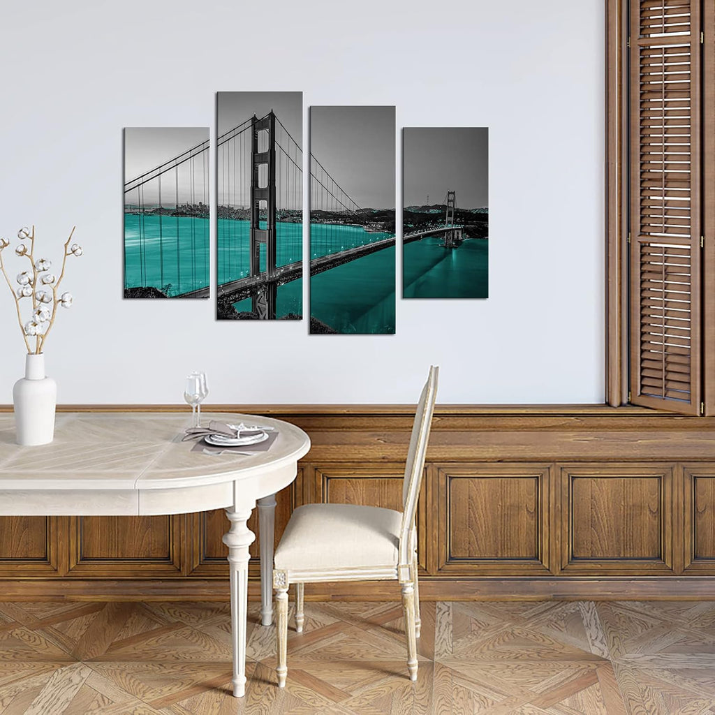 Black White Teal Golden Gate Bridge Canvas Wall Art V654