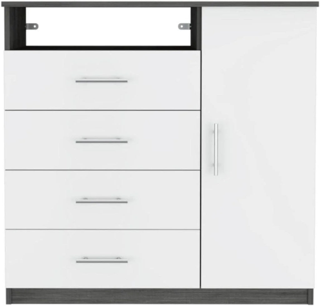 White 4 Drawer Dresser with Cabinet and Open Shelf E5827