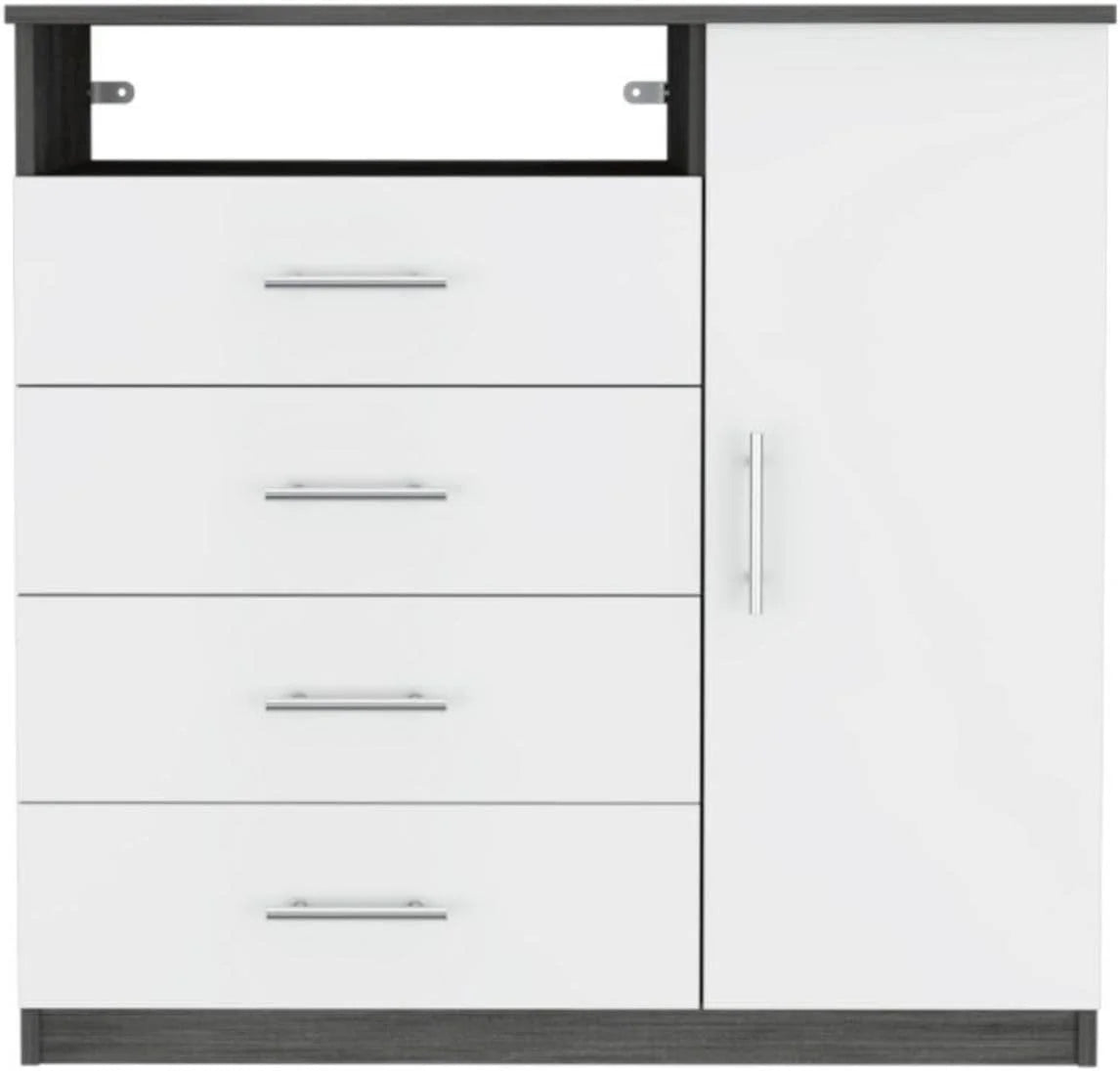 White 4 Drawer Dresser with Cabinet and Open Shelf E5827