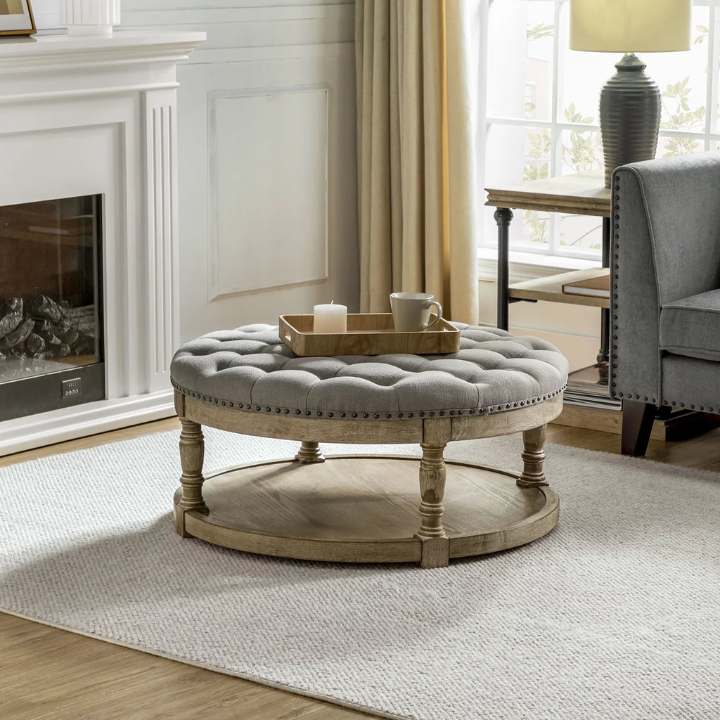 Grey Tufted Round Storage Ottoman S9384
