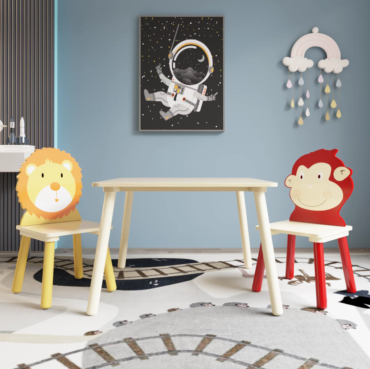 Kids Table & Chair Set, 3 Pieces Solid Wood J59214