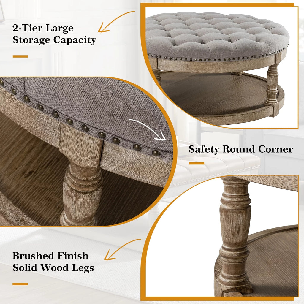 Grey Tufted Round Storage Ottoman S9384
