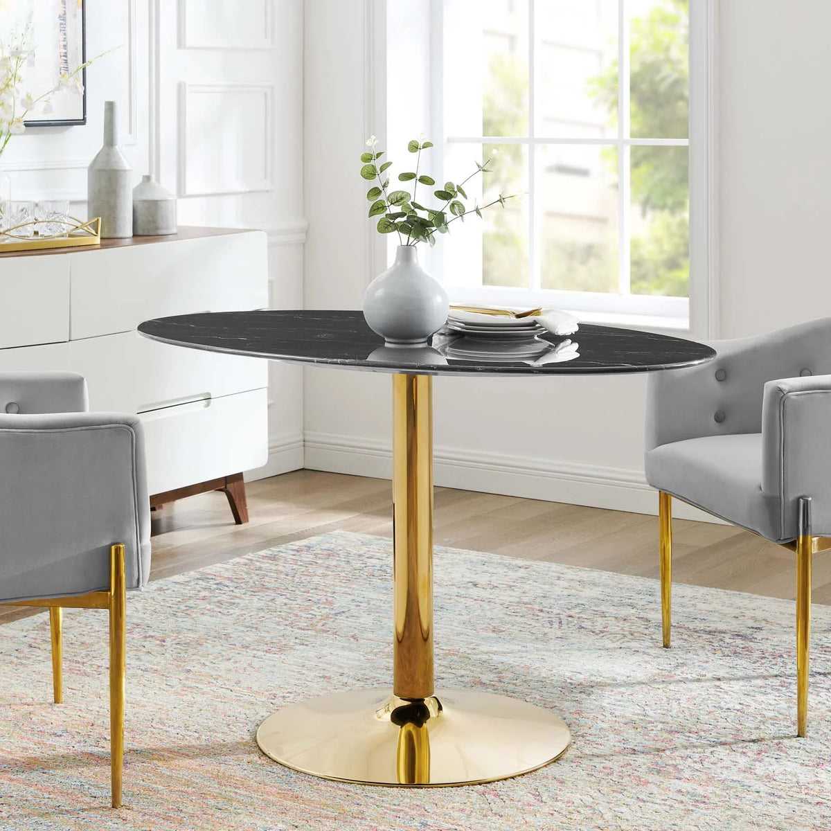 48 inch Round Black Gold Artificial Marble Metal Dining Table L94640