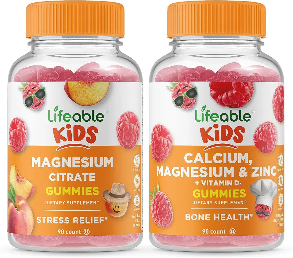 Magnesium Citrate + Calcium Magnesium & Zinc Kids Gummies Bundle Gluten Free GMO Free Chewable Vitamin Supplement F30099
