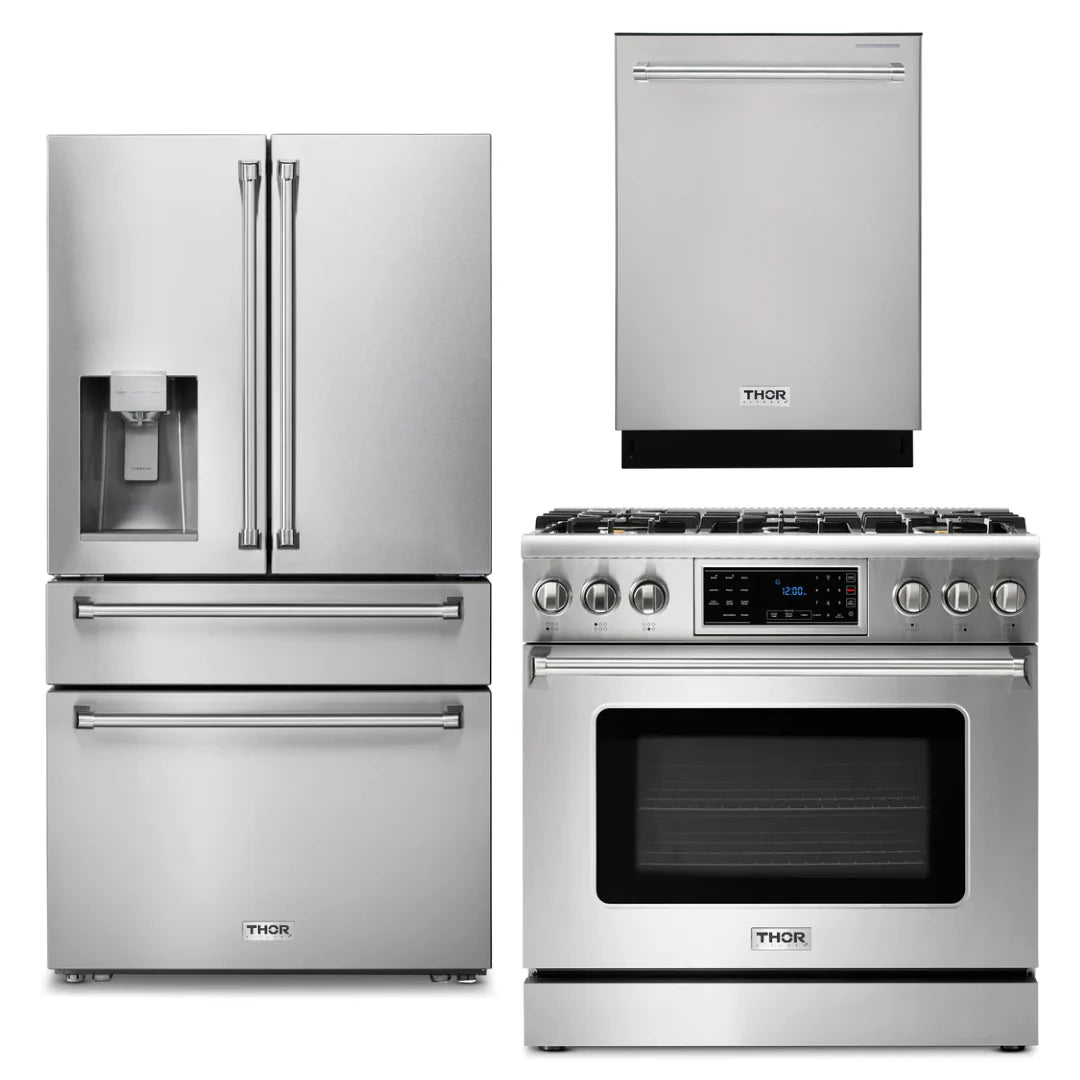 36 Gas Range, Refrigerator with Water and Ice Dispenser, Dishwasher Q522