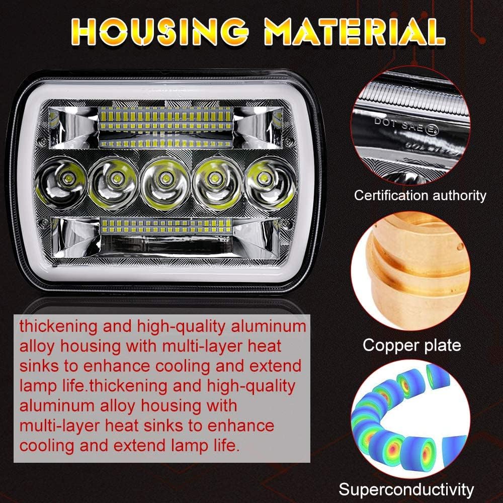 5x7 LED Headlight 2PCS 7x6 inch Halo Sealed Beam H6054 Replacement Hi/Lo Beam DRL Pack of 2 Y130