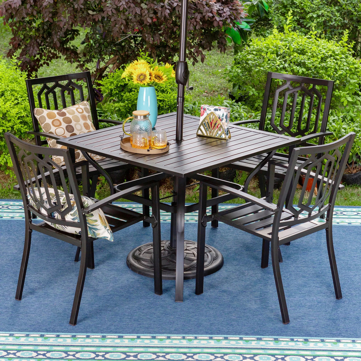 6-Piece Outdoor Patio Set with 10 FT Umbrella, 4 Stacking Chairs & Square Dining Table B471