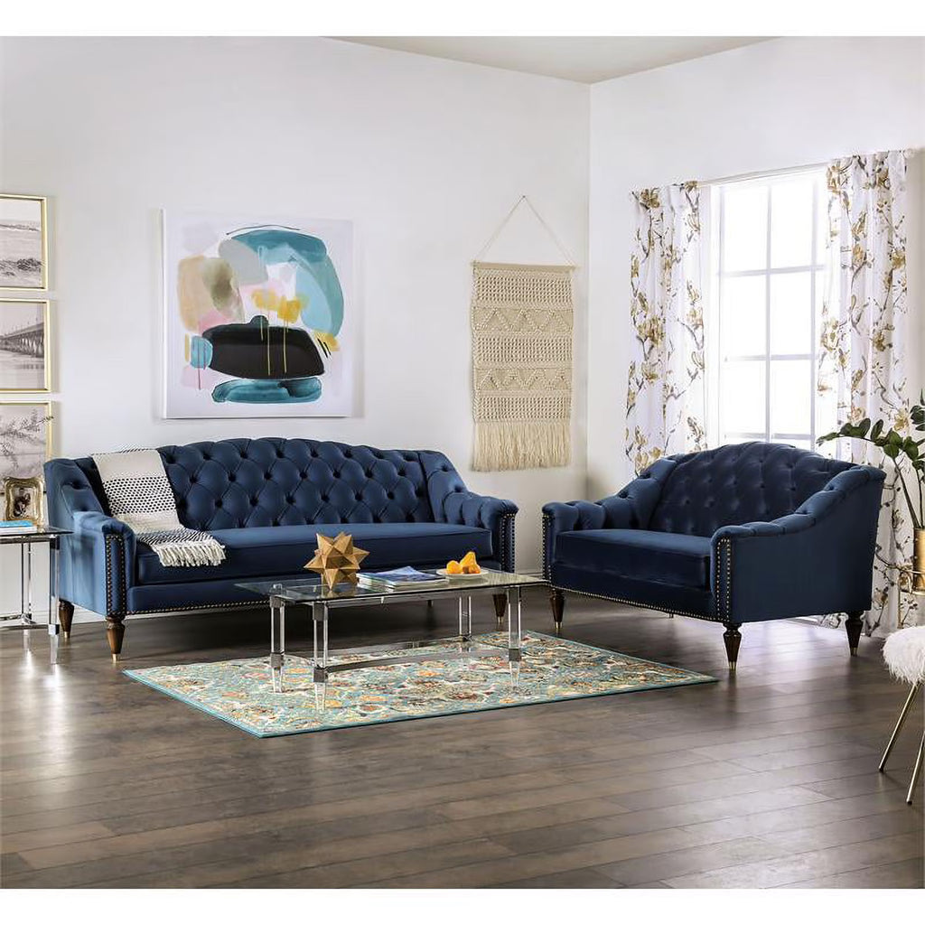 Blue Fabric Tufted 2-Piece Sofa Set Q886