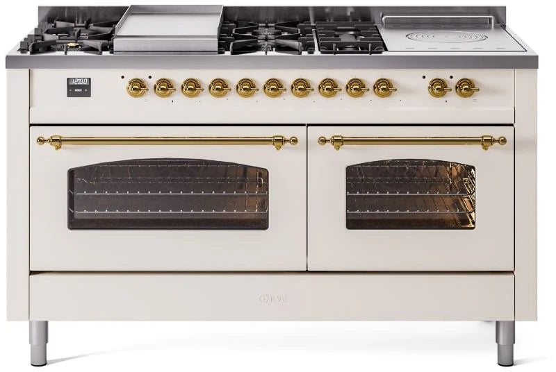 60 Dual Fuel Natural Gas Range Antique White Brass Trim M44750