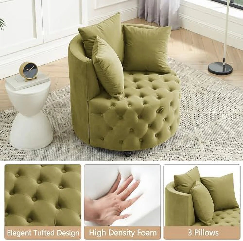 Pink Velvet Swivel Barrel Chair with 3 Pillows and Wheels J84443