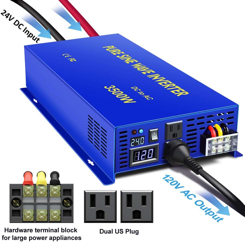 Pure Sine Wave Power Inverter 3500W / 7000W Peak DC 24V to AC 110V 120V with LCD Display A7876