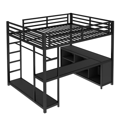 Queen Metal Loft Bed with Wardrobe, Desk and Shelves I9703