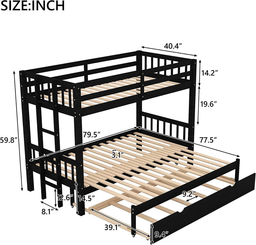 Twin Over Twin/King Wooden Bunk Bed with Trundle and Ladder S6107
